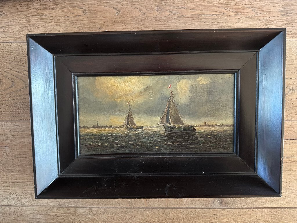 2x antiek schilderij paneel boot Nederland zee landschap voc, Ophalen of Verzenden, Gesigneerd, Olieverf, Maritiem / water