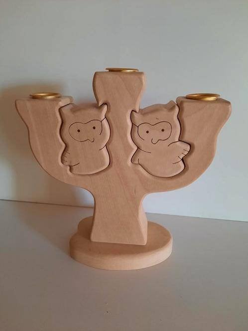Montet Bois houten uilenkandelaar - puzzelkandelaar ., Ophalen of Verzenden, Zo goed als nieuw, Hout, Kandelaar