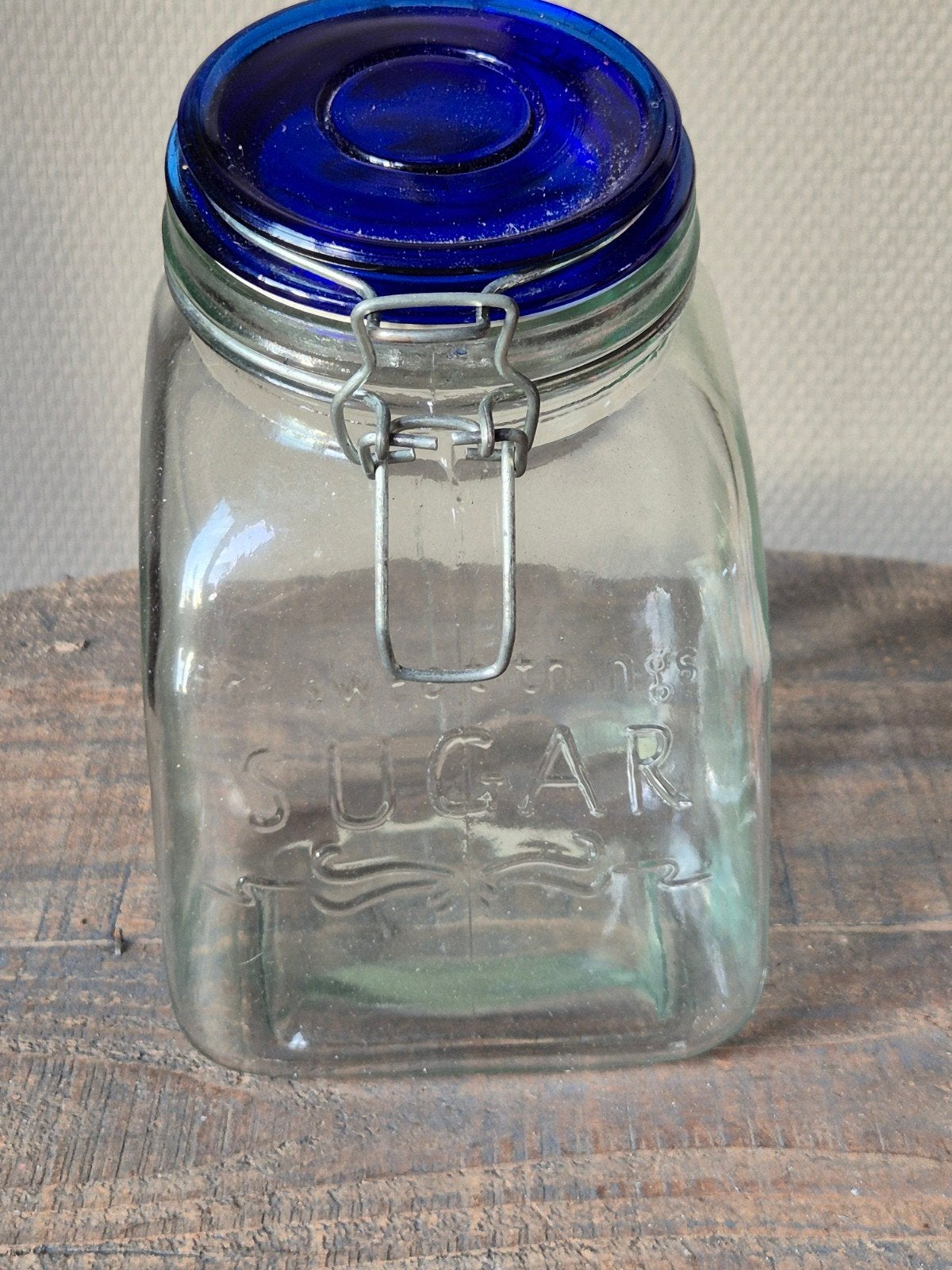 glazen snoeppot met blauwe deksel, Antiek en Kunst, Ophalen of Verzenden