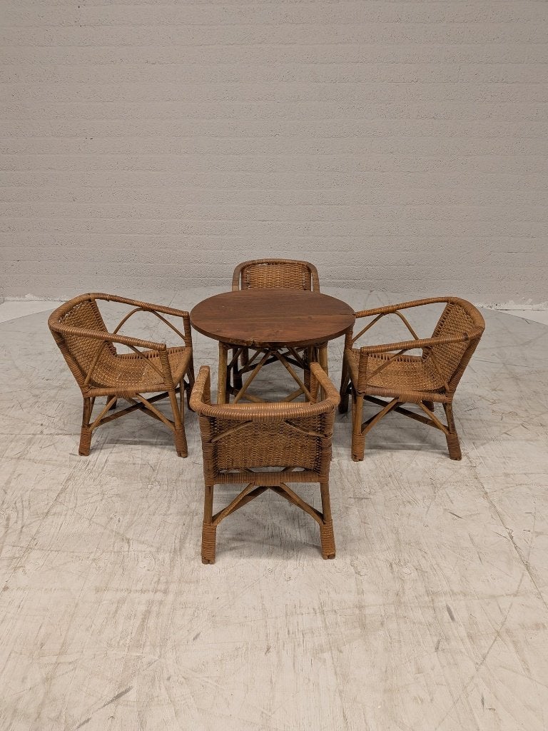 Vintage rotan kindertafel met 4 stoeltjes, Ophalen, Gebruikt, N.v.t., N.v.t.