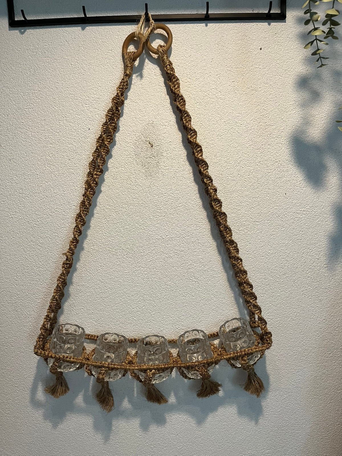 Vintage macrame hanger met glaasjes, Ophalen, Zo goed als nieuw