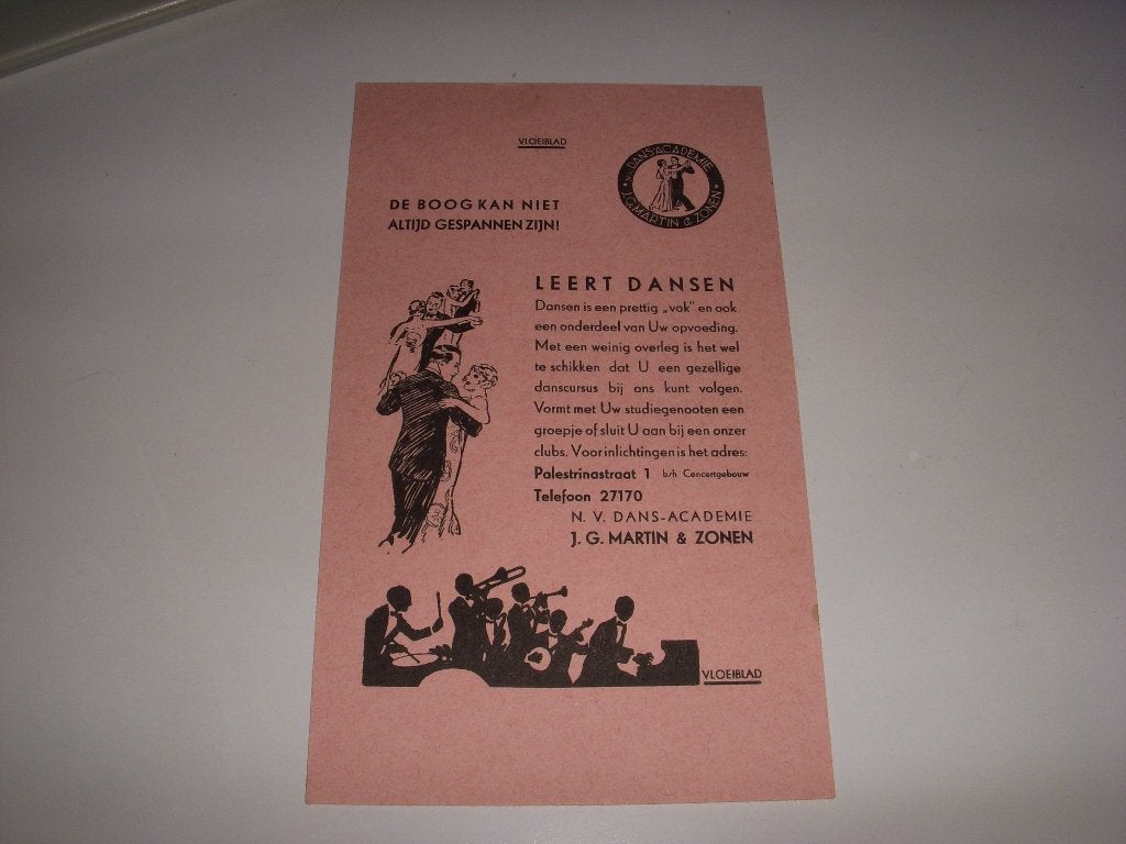 Vloeiblad Leert Dansen J.G Martin & Zonen A'dam jaren 30, Verzamelen, Ophalen of Verzenden, Gebruikt, Gebruiksvoorwerp