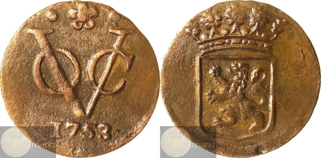 V.O.C. - Holland - ½ Duit 1753 'Dordrecht', Ophalen of Verzenden, Vóór koninkrijk, Overige waardes, Losse munt