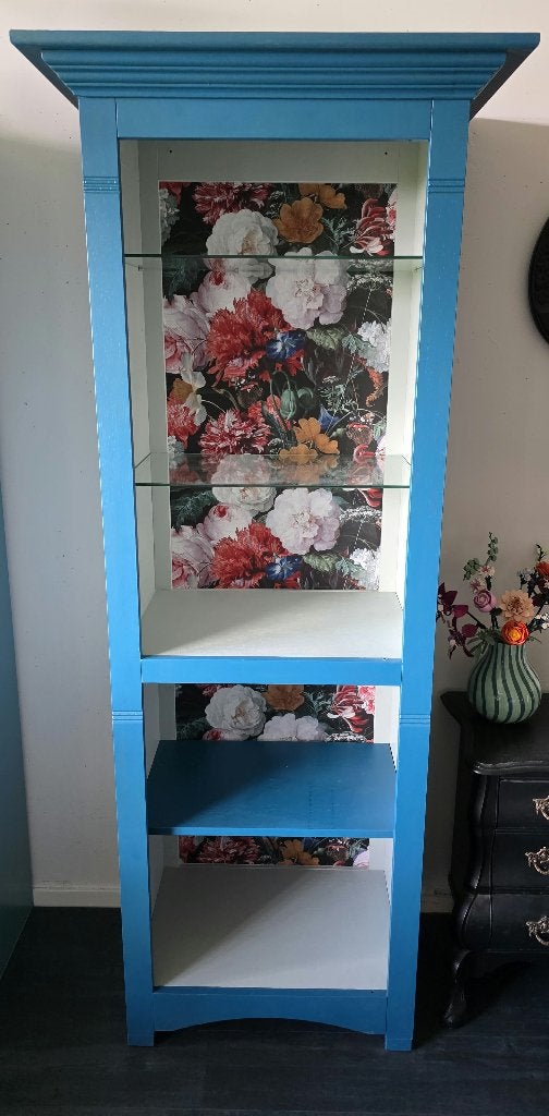 Prachtige Petrol Blauwe Kast, Ophalen, Met plank(en), Maximalisme en Dark Botanical, Eikenhout