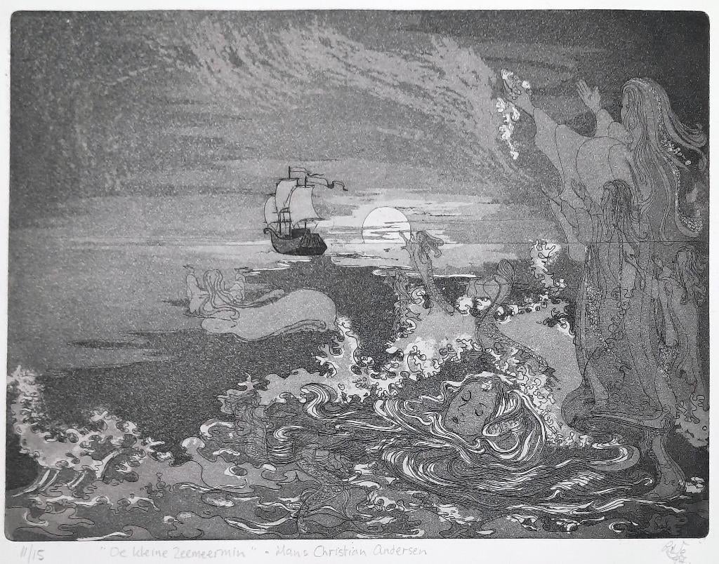 Kleine Zeemeermin ets, Antiek en Kunst, 50 cm, Mythologie, Ophalen of Verzenden, 37 cm