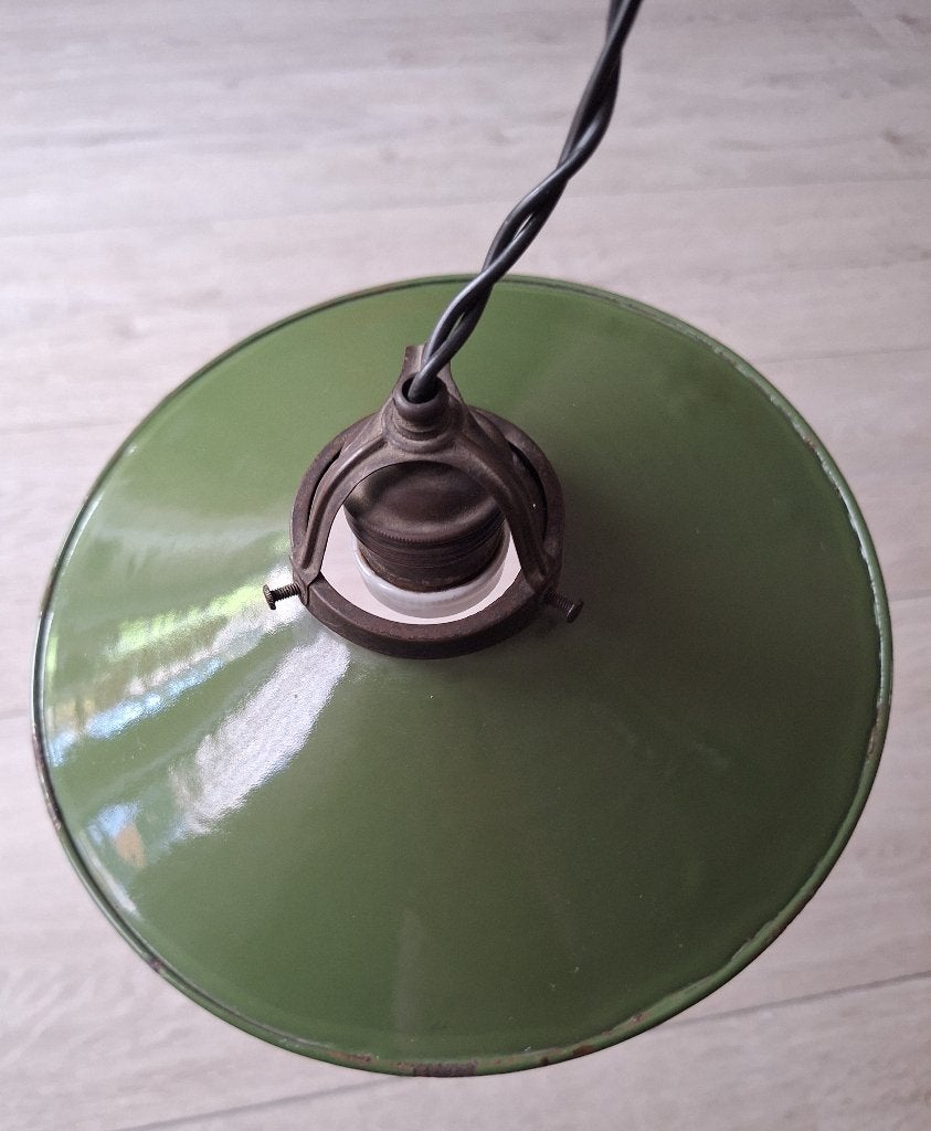 Vintage emaille groene lampenkap, Ophalen of Verzenden, Rond, 23 cm, Metaal