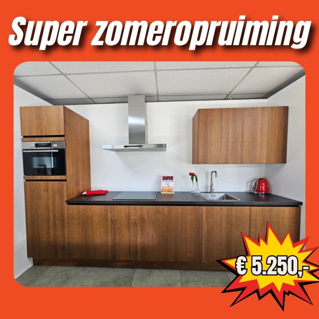 Rechte showroomkeuken met gegroefd front hout, Ophalen, Nieuw, 200 cm of meer, 50 tot 75 cm