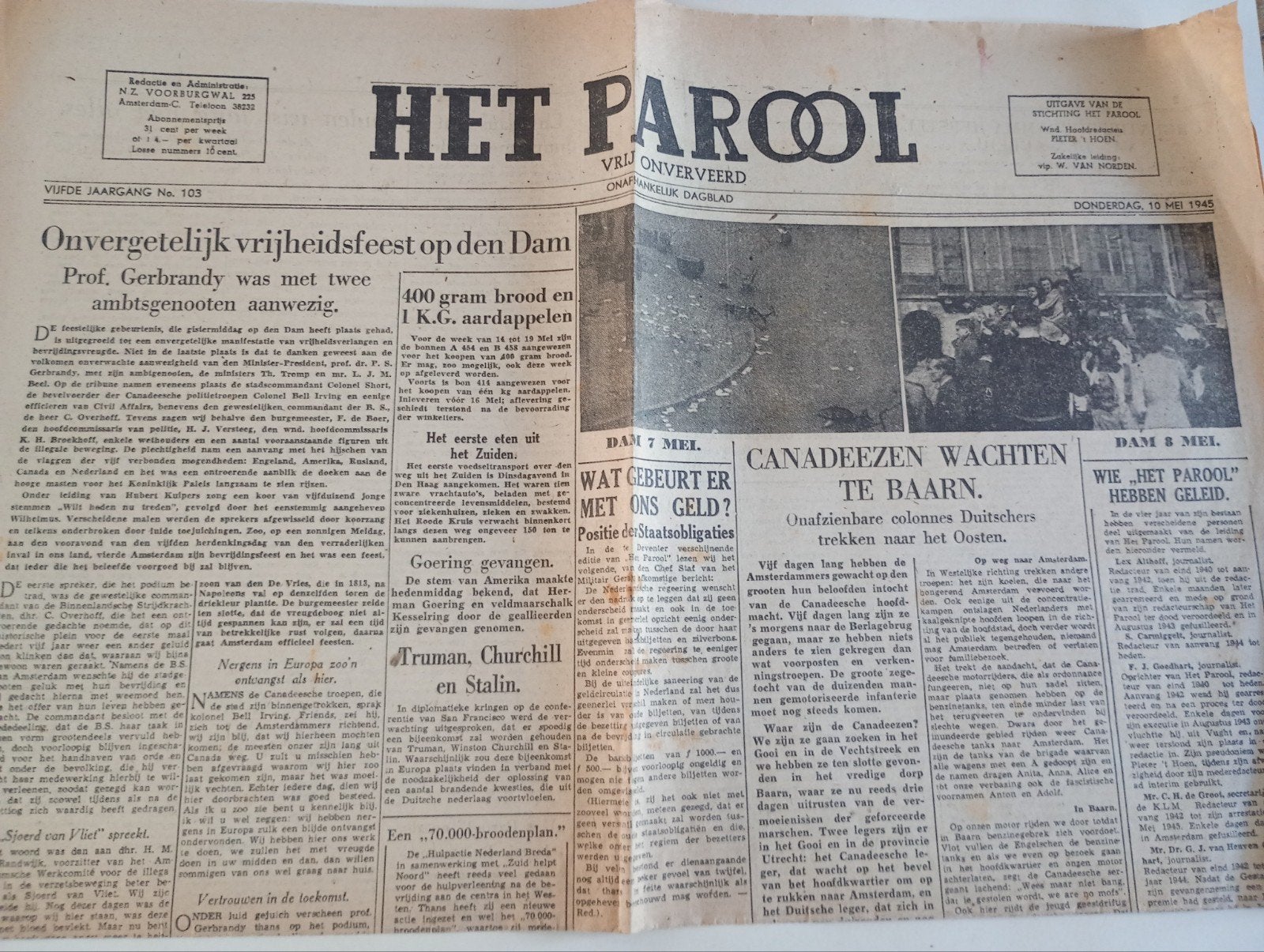 Het Parool bevrijdings krant de Dam en Baarn, ., Ophalen of Verzenden, ., Nederland