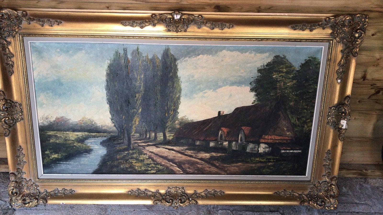 Olieverf Schilderij Landschap met Boerderij en Water, Antiek en Kunst, Kunst | Schilderijen | Klassiek, Ophalen, Doek, Realistisch