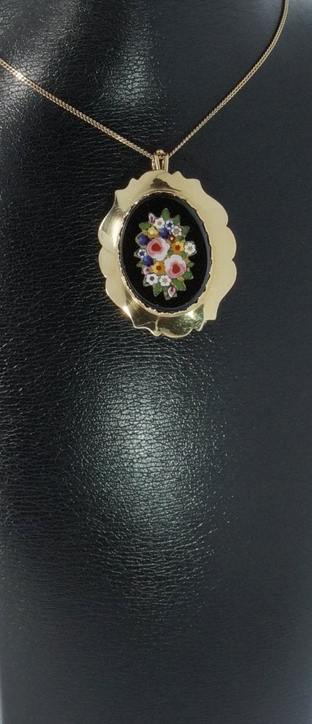 Mikromozaiek 14k gouden ketting hanger Pietra Dura broche, Verzenden, Goud, Hanger, Met edelsteen