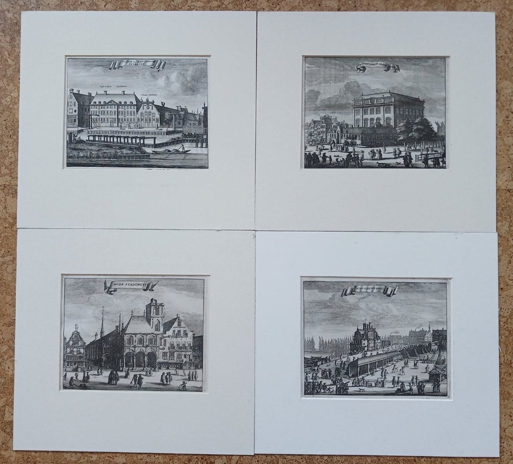 4 gravures Amsterdam Commelin 1694 Portugese Synagoge e.a., Verzenden, Architectuur, Gravure, 1600 - 1699