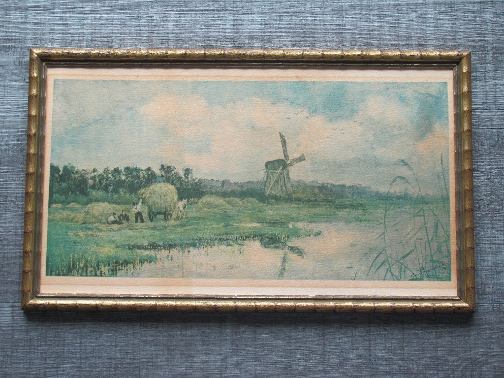 Geo Poggenbeek - hooiende boeren en molen, Minder dan 50 cm, Gebruikt, Oorspronkelijke maker, Ophalen of Verzenden