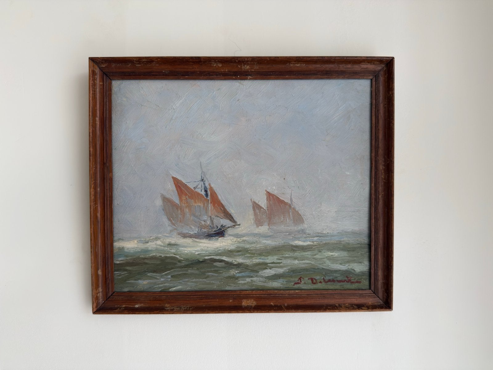 Maritiem Schilderij: Zeilschepen op woelige zee, gesigneerd, Antiek en Kunst, Kunst | Schilderijen | Klassiek, Ophalen of Verzenden