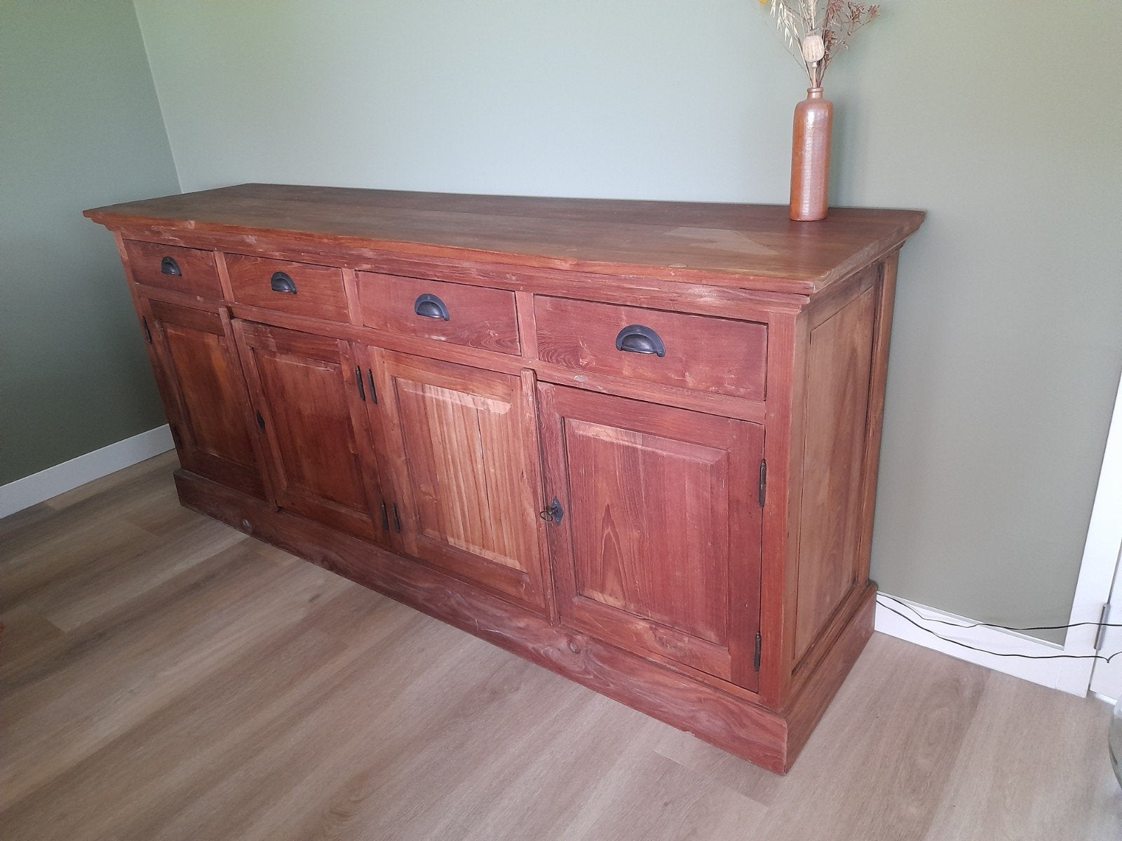 Teakhouten 4 deurs dressoir met laden, Ophalen, Gebruikt, Teakhout, 200 cm of meer