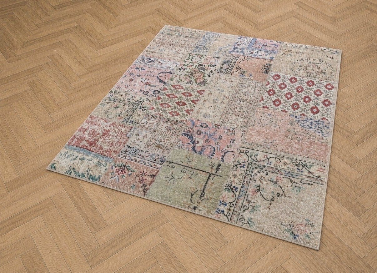 Vloerkleed 250x200 cm Patchwork Wol/Katoen Zo goed als nieuw, Beige, Ophalen of Verzenden, Zo goed als nieuw, 200 cm of meer