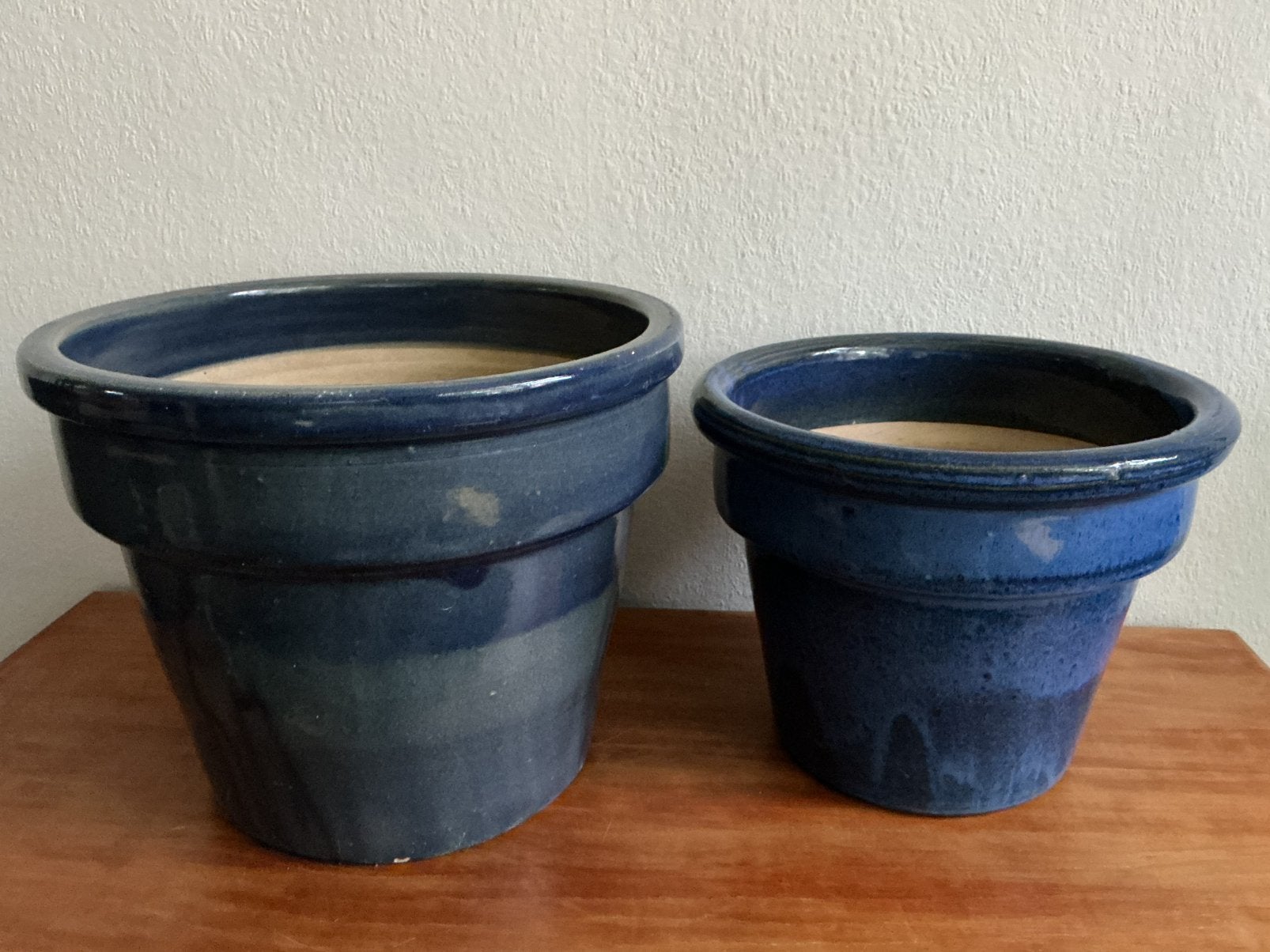 blauw geglazuurde bloempotten- 2 stuks, Rond, Zo goed als nieuw, Minder dan 40 cm, Binnen