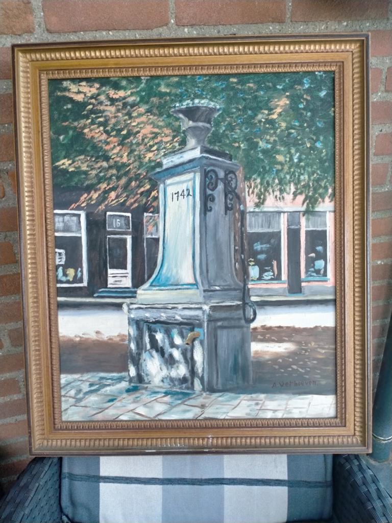 Schilderij van Maaseik waterpomp op doek, Ophalen of Verzenden