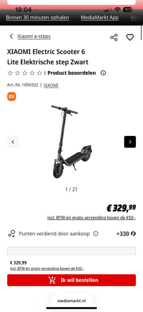 Electrische step xiaomi 6 lite, Ophalen of Verzenden, Nieuw, Elektrische step (E-scooter)