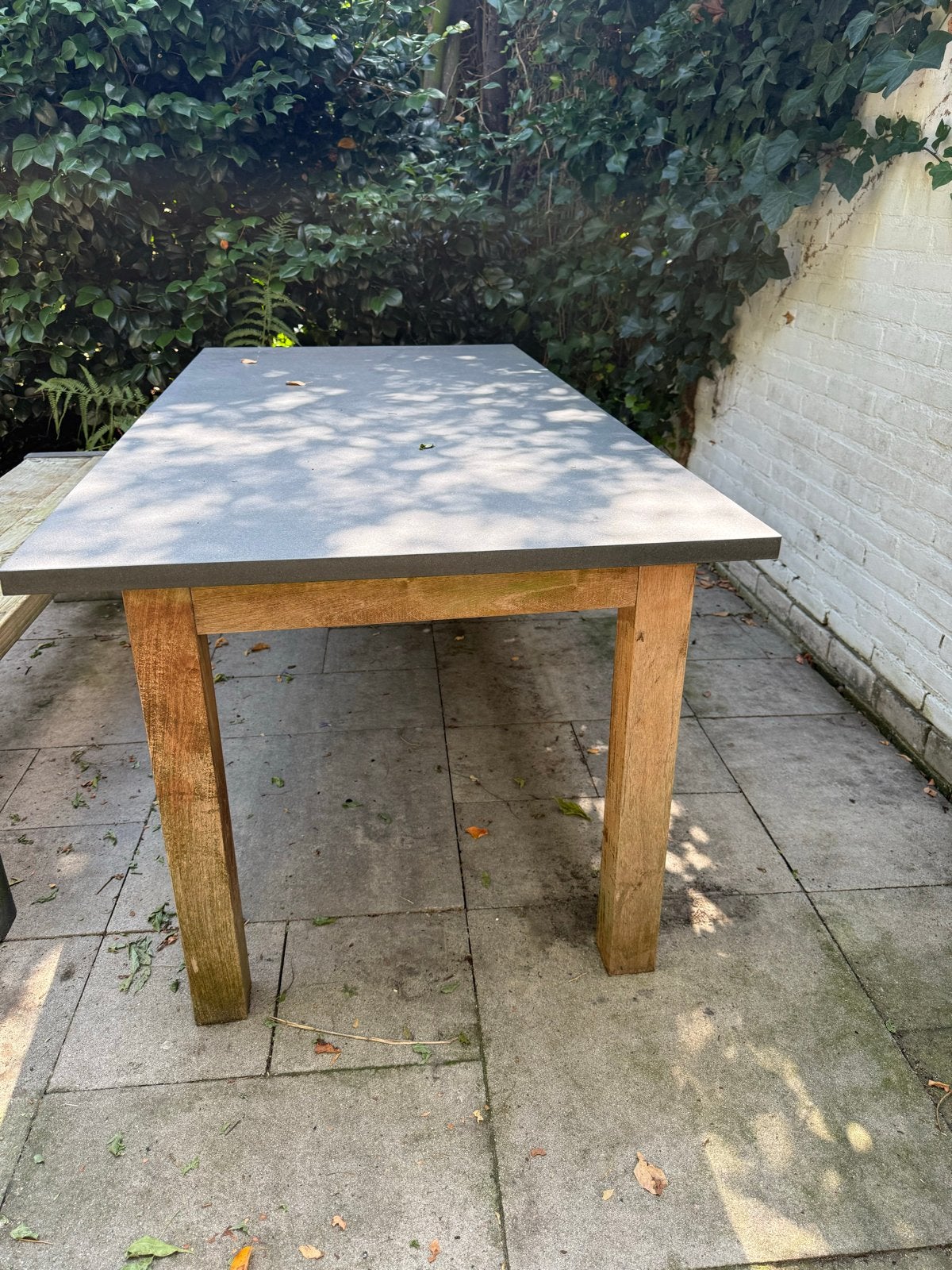 Marmeren tafel (90x180) en bank van hout en beton, Ophalen, Gebruikt, Rechthoekig, Hout
