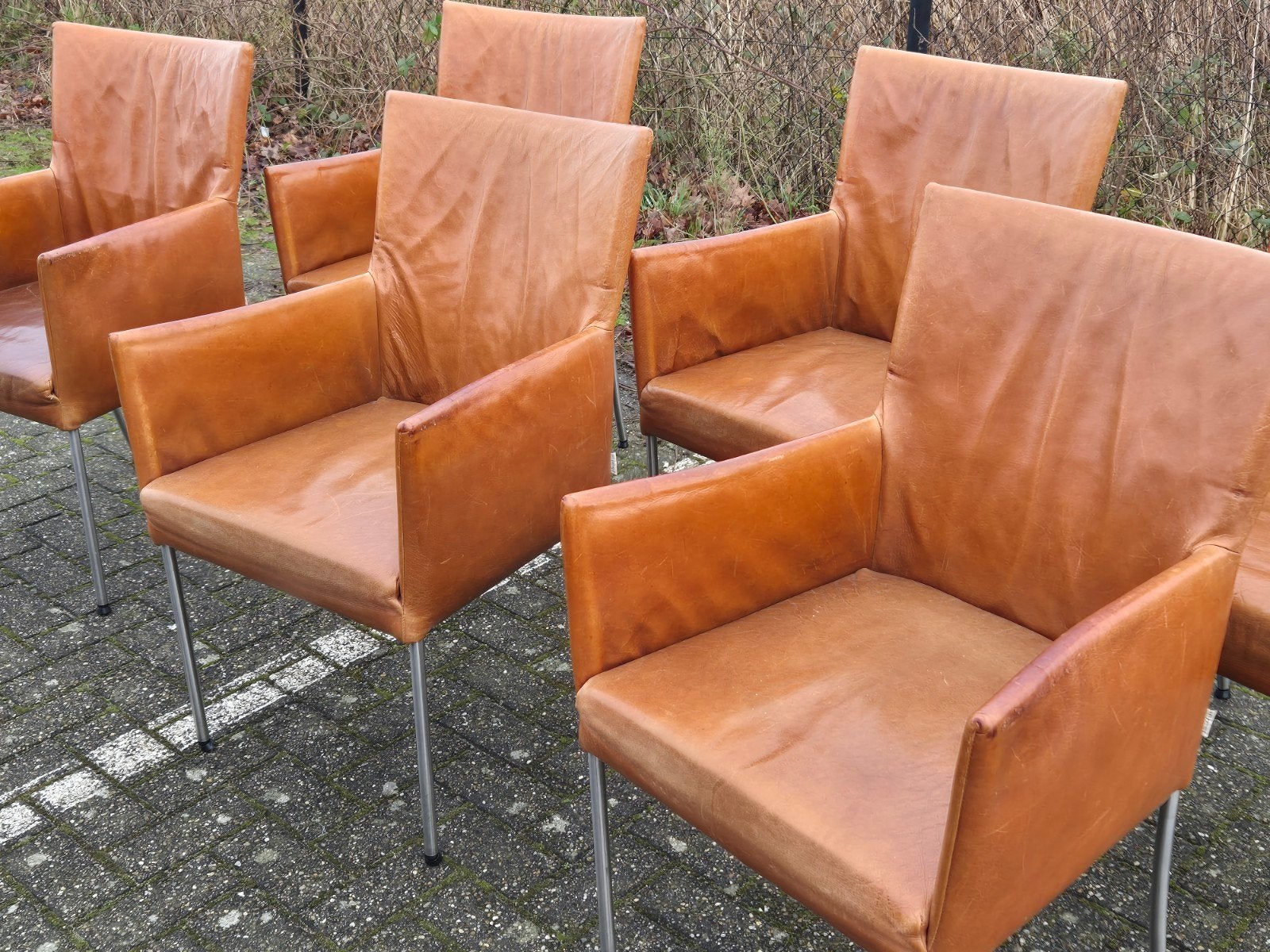 6 bert plantagie design eetkamerstoelen Arc leer licht bruin, Huis en Inrichting, Stoelen, Ophalen, Gebruikt, Bruin, Vintage retro design