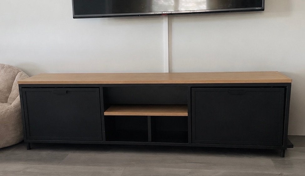 Goossens TV-kast - Zwart met hout - Beschadigd, Ophalen, Gebruikt, 150 tot 200 cm, Minder dan 100 cm