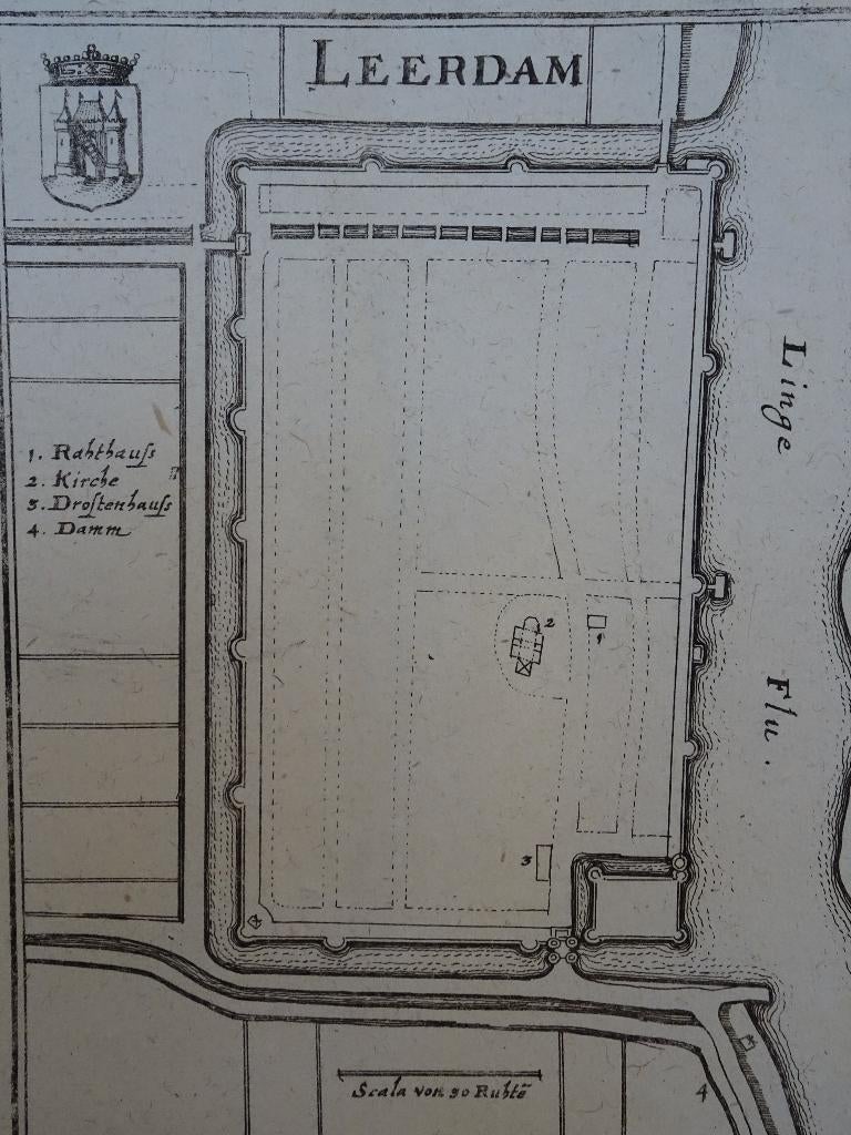 gravure plattegrond Leerdam, Caspar Merian, 1654, Antiek en Kunst, Kunst | Etsen en Gravures, Verzenden, Cartografie, 1600 - 1699