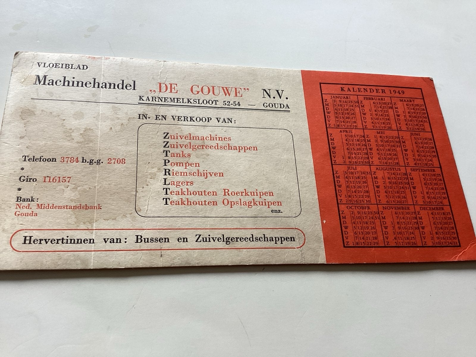 Vloeiblad Machinehandel "De Gouwe" N.V. Gouda 1949, Ophalen of Verzenden