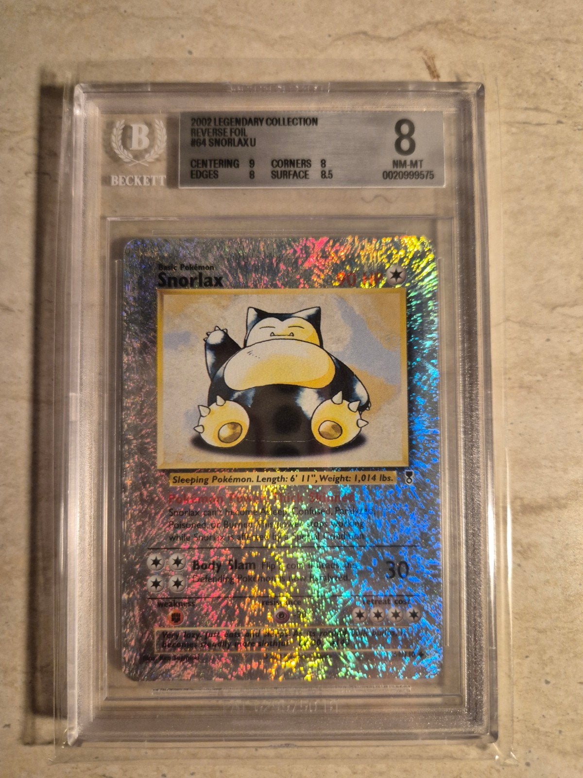 Pokémon Snorlax Reverse Foil 2002 Legendary Collection BGS 8, Ophalen, Zo goed als nieuw, Losse kaart, Foil