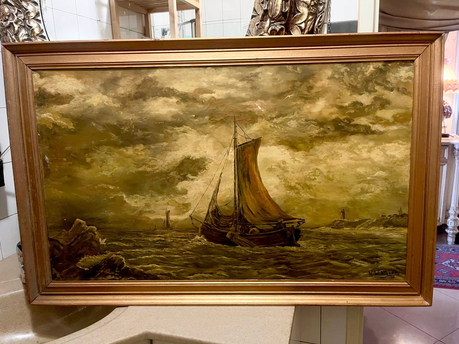 Groot antiek olieverf schilderij met boten, Antiek en Kunst, Kunst | Schilderijen | Klassiek, Ophalen