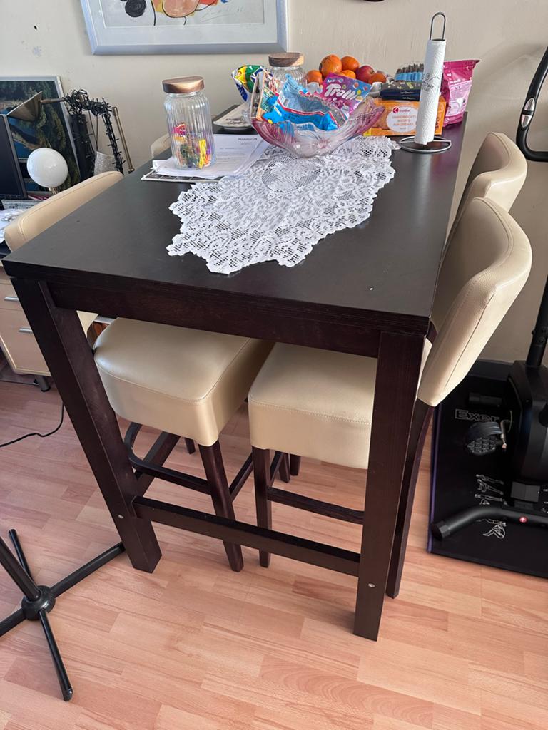 Mooie hoge eettafel (120x80) met 4 echt leren stoelen  TEAB, Ophalen, Gebruikt, Met voetsteun, 90 cm of meer