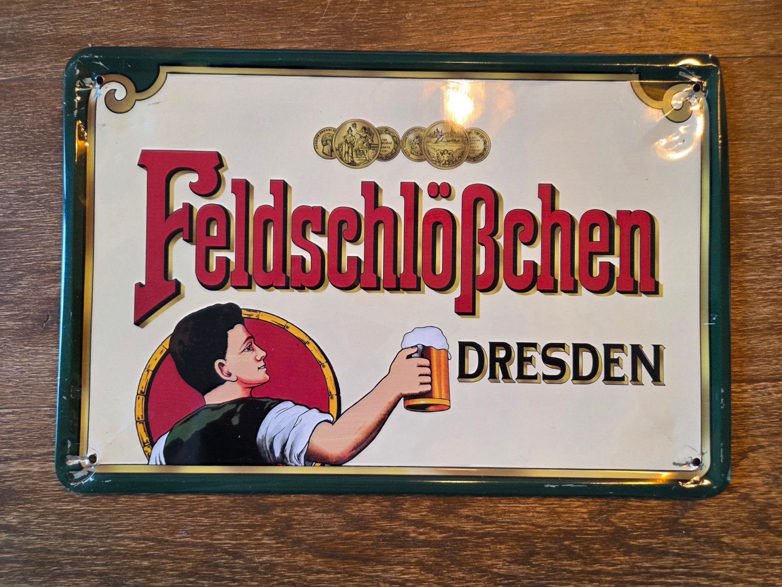Vintage Feldschlösschen Dresden reclamebord, Ophalen of Verzenden, Gebruikt, Reclamebord, Plaat of Schild