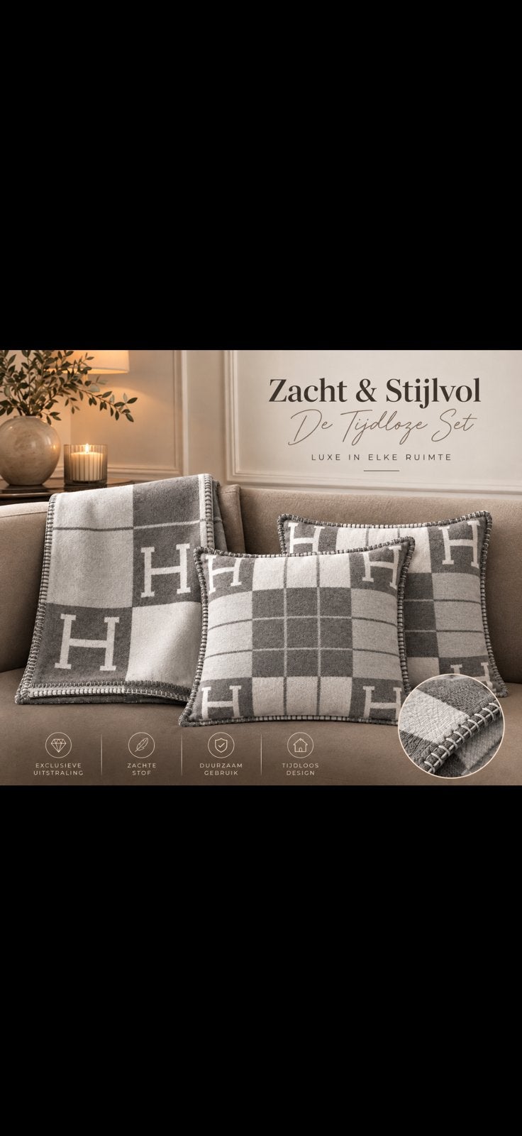 luxe Decor set Hermes; plaid en twee kussen hoezen, Huis en Inrichting, Ophalen of Verzenden, Zo goed als nieuw