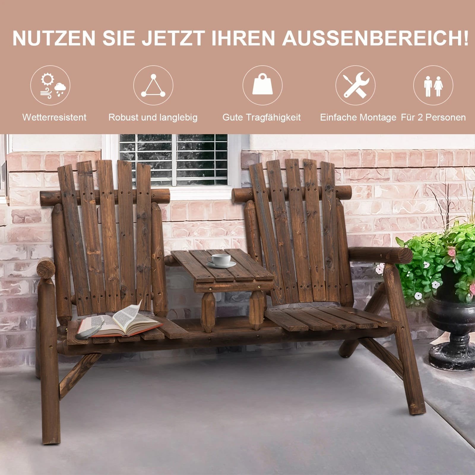 Houten Tuinbank met Tafel - 2-zits tete a tete strandstoel, Tuin en Terras, Ophalen of Verzenden, Nieuw, Hout