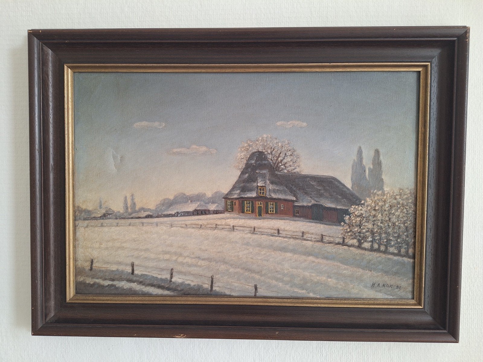 Schilderij olieverf winterlandschap boerderij gesigneerd, Ophalen of Verzenden