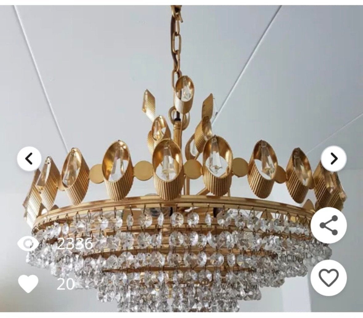 Palwa Vergulde en Kristallen Hanglamp, jaren 60, Huis en Inrichting, Ophalen, Zo goed als nieuw