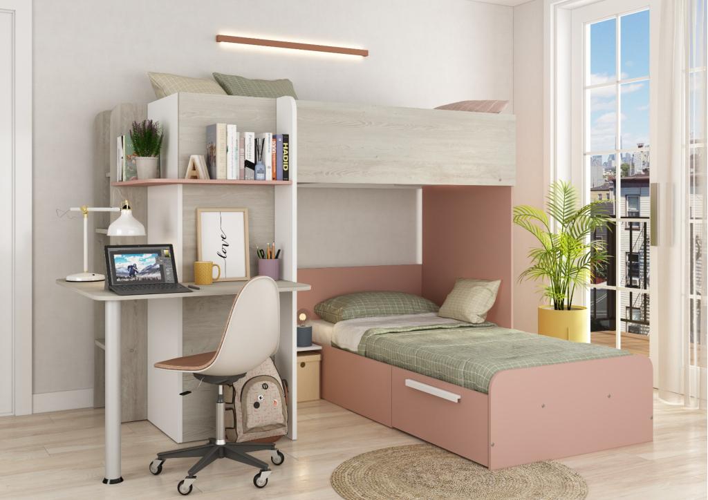 Palatino hoekstapelbed met bureau, kast en lade - 90x190 - W, Niet ingevuld, Niet ingevuld, Niet ingevuld