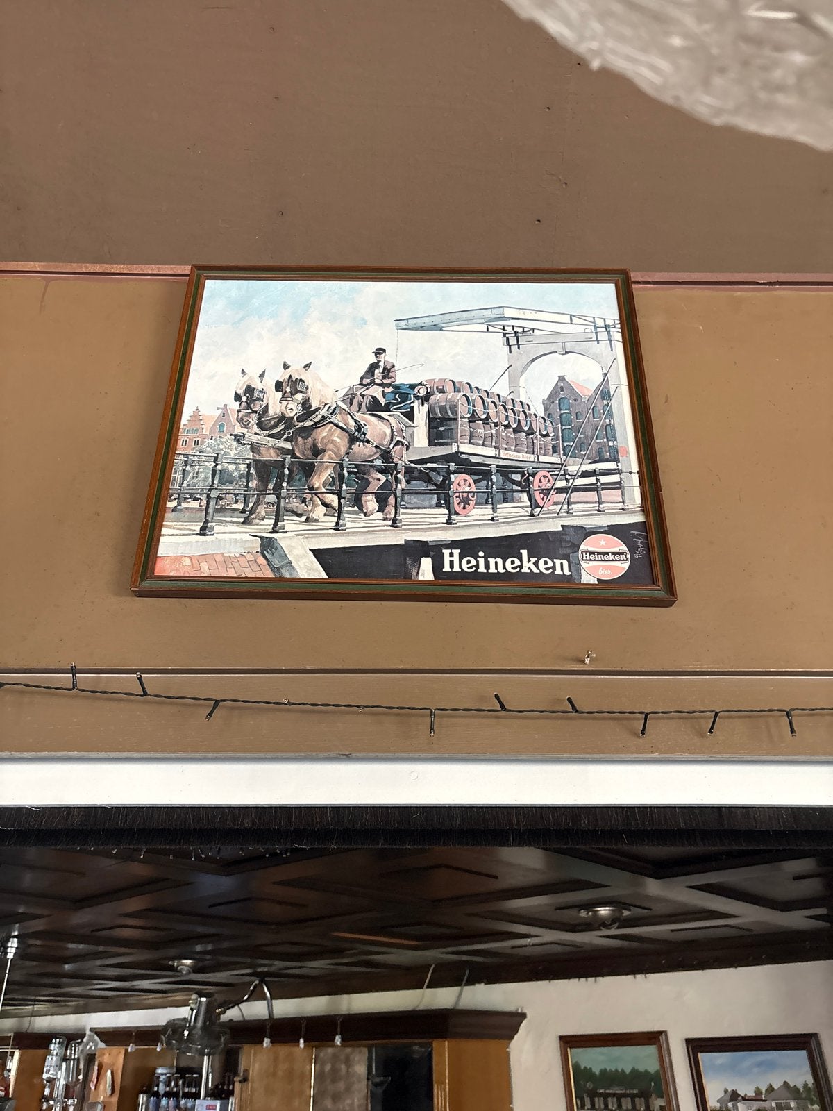 Vintage Heineken reclamebord met paard en wagen, Ophalen, Gebruikt, Reclamebord