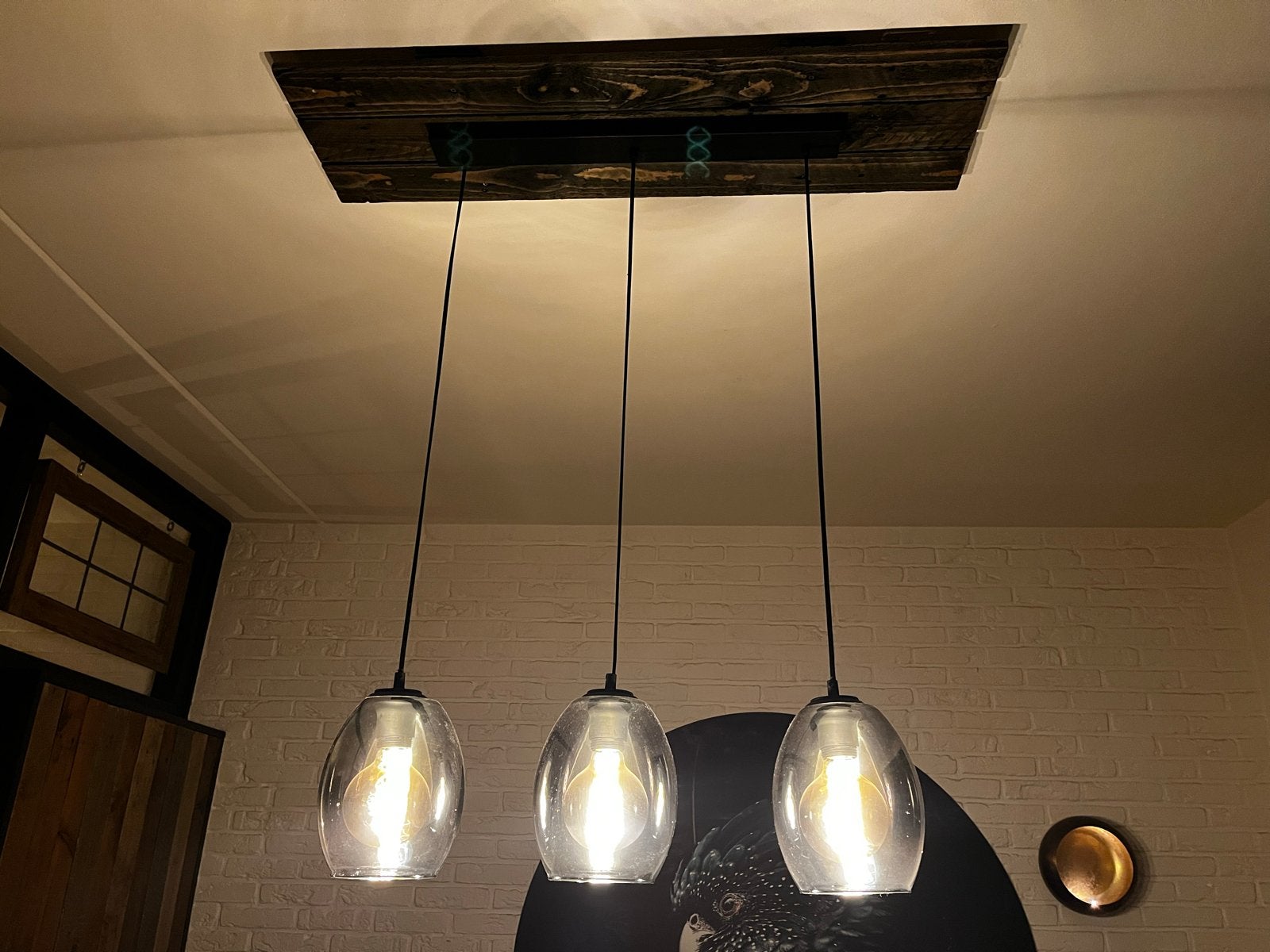 Hanglamp 3-lichts met smokeglas en houten balk, Ophalen, E27 (groot), Industrieel, Glas