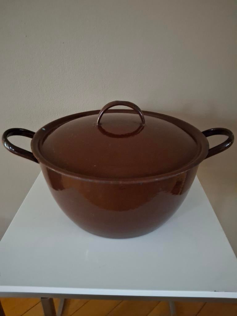 Grote Vintage Bruine Emaille Pan met Deksel, Antiek en Kunst, Ophalen of Verzenden