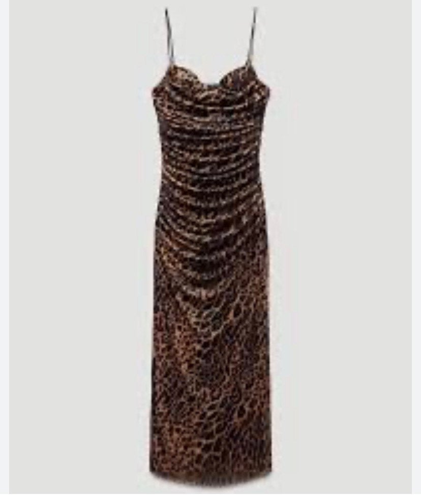 Zara Leopardprint jurk met spaghettibandjes, Bruin, Maat 42/44 (L), Ophalen of Verzenden, Zo goed als nieuw