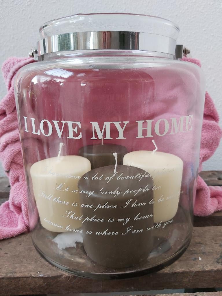 Windlicht xxl i love my home inclusief 4 kaarsen nieuw, Huis en Inrichting, Woonaccessoires | Kandelaars en Kaarsen, Ophalen of Verzenden