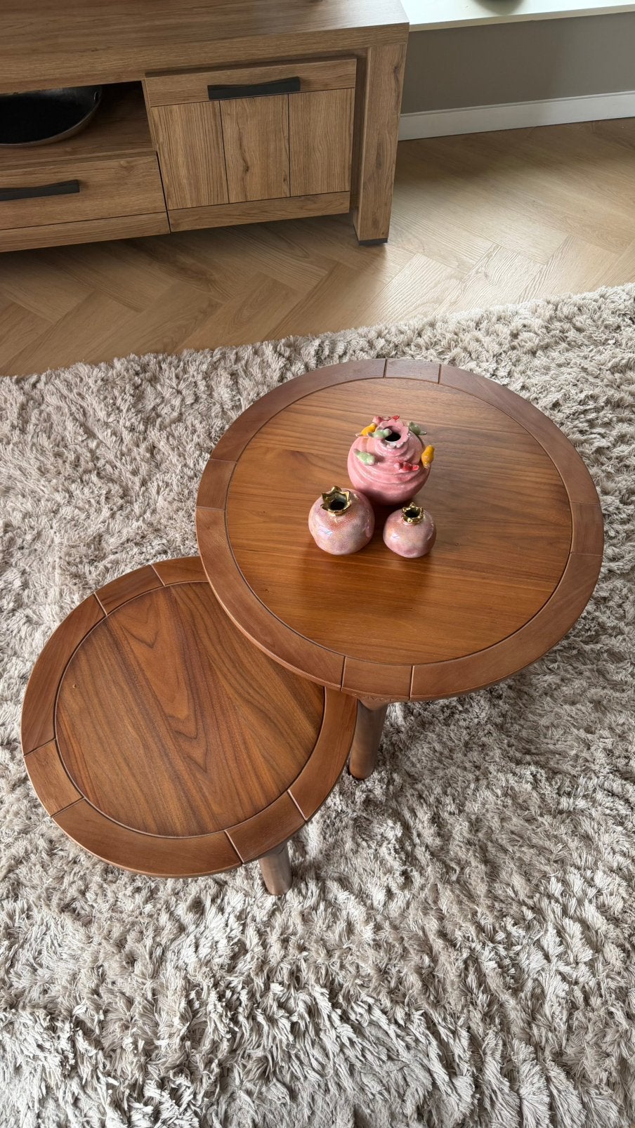 Zuiver design  walnoot houten salontafel en bijzettafel set, Ophalen, Rond, 50 tot 100 cm, Zo goed als nieuw