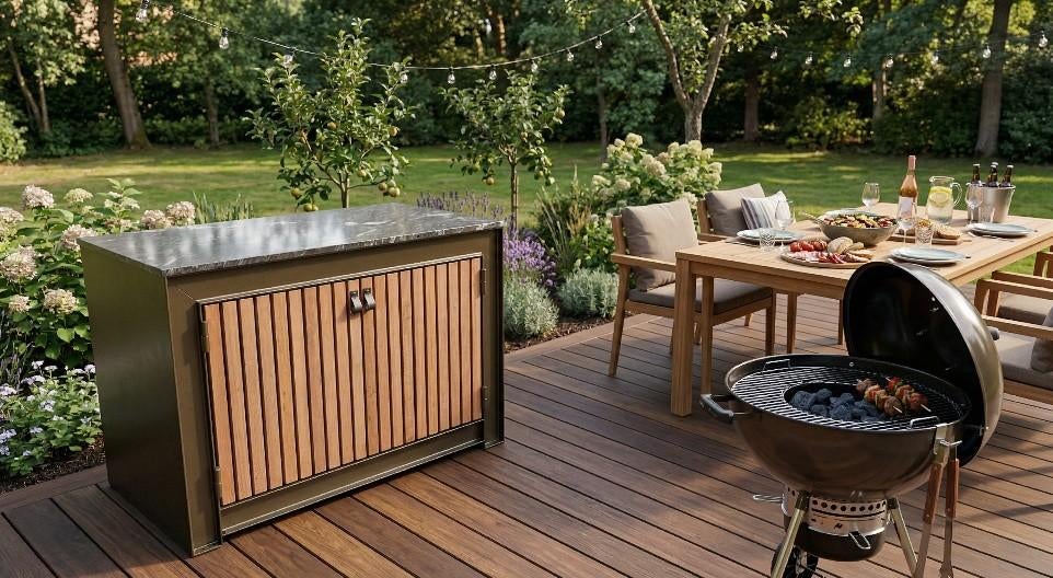 Unieke buitenkeuken met graniet hardhout staal bbq massief, Tuin en Terras, Buitenkeukens, Ophalen, Maatwerk, Houtskool, Nieuw