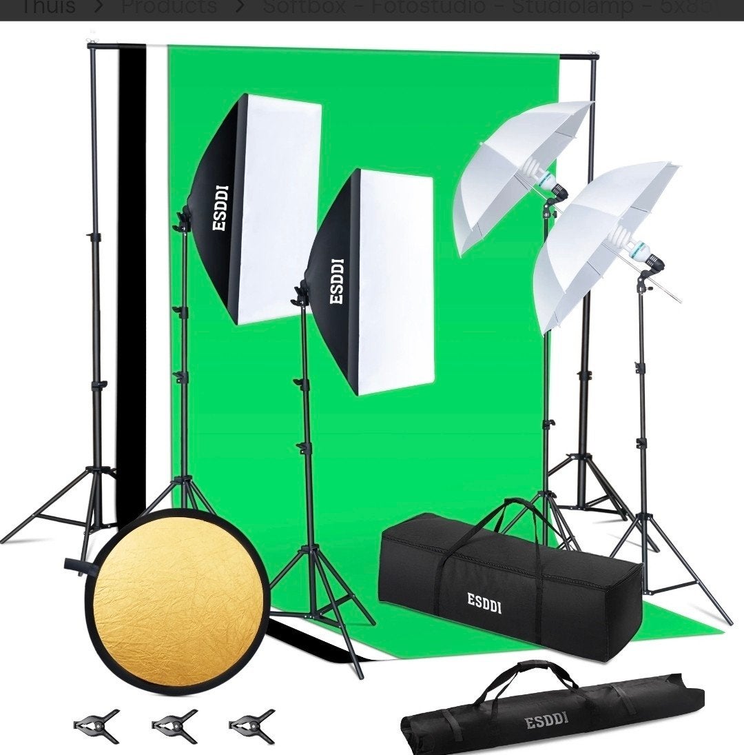 Green screen setup met film/fotografie verlichting, Complete fotostudio, Ophalen of Verzenden, Zo goed als nieuw, Inclusief statief