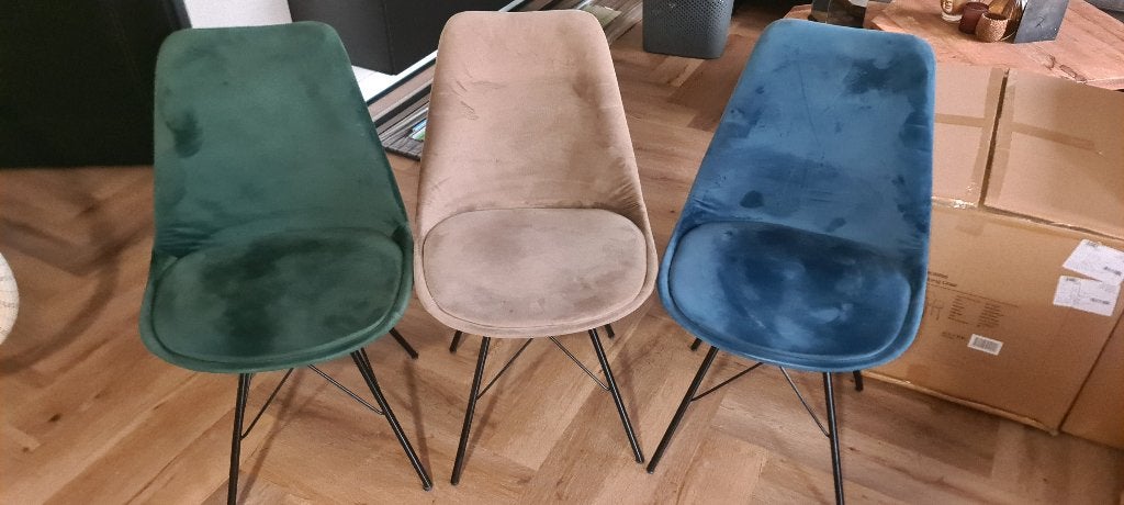 6 Velvet Eetkamerstoelen – Groen, Beige en Blauw, Ophalen, Gebruikt, Overige kleuren, Scandinavische