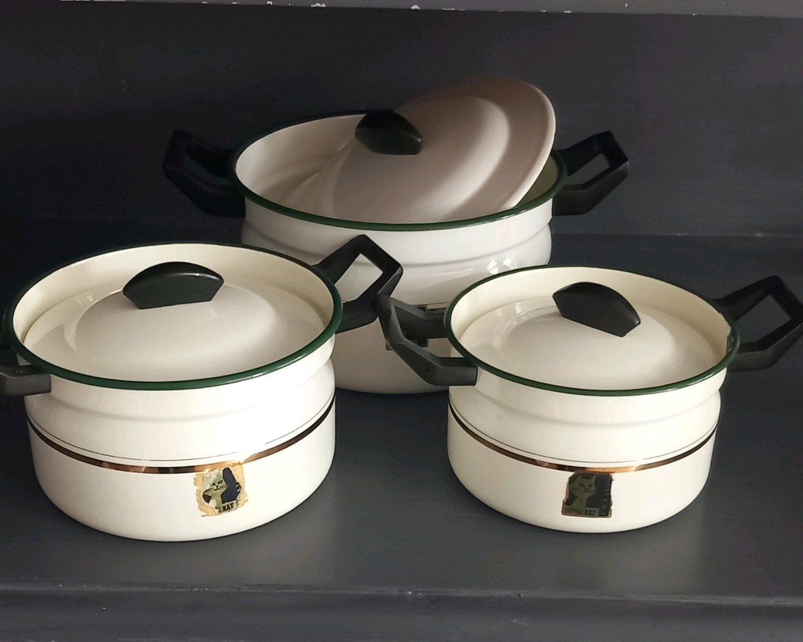 Emaille pannen 3 stuks Vintage merk KAT in goede staat, Ophalen of Verzenden, Overige materialen