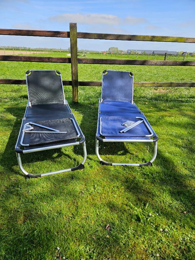 Strand/tuinbed met zonnescherm, Tuin en Terras, Ligbedden, Ophalen, Zo goed als nieuw, Aluminium, Verstelbaar