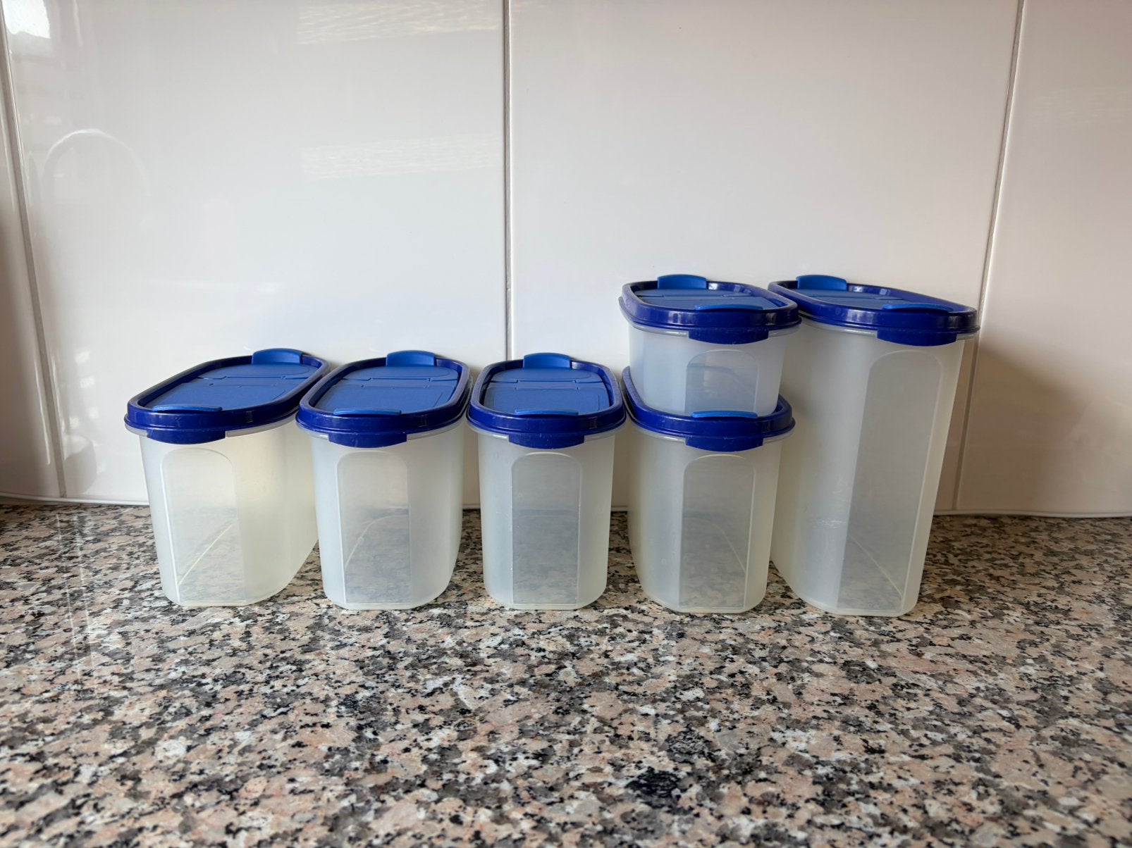 Set 6 Tupperware voorraadbussen, Blauw, Ophalen of Verzenden, Bus of Trommel, Met deksel