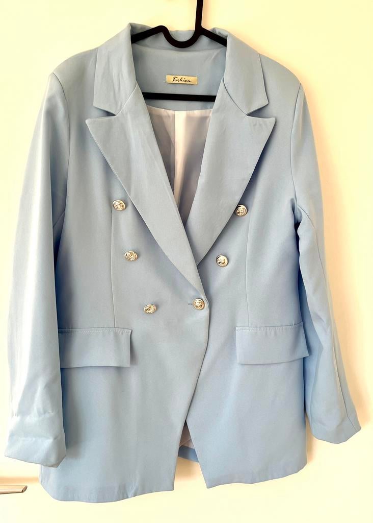 Pastel blauwe blazer met gouden knopen, Blauw, Maat 42/44 (L), Ophalen of Verzenden, Zo goed als nieuw