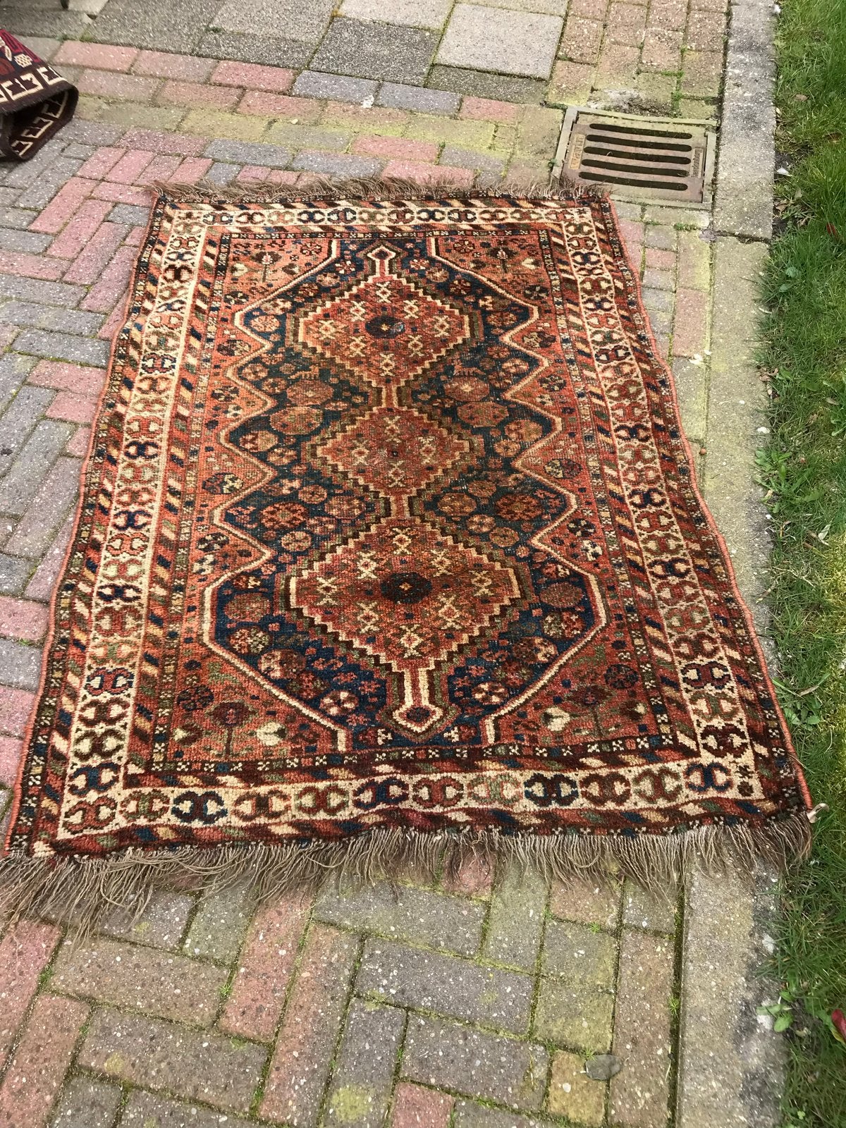 Vintage Perzisch tapijt, handgeknoopt, rood/blauw, Ophalen, Gebruikt, 100 tot 150 cm, 50 tot 100 cm